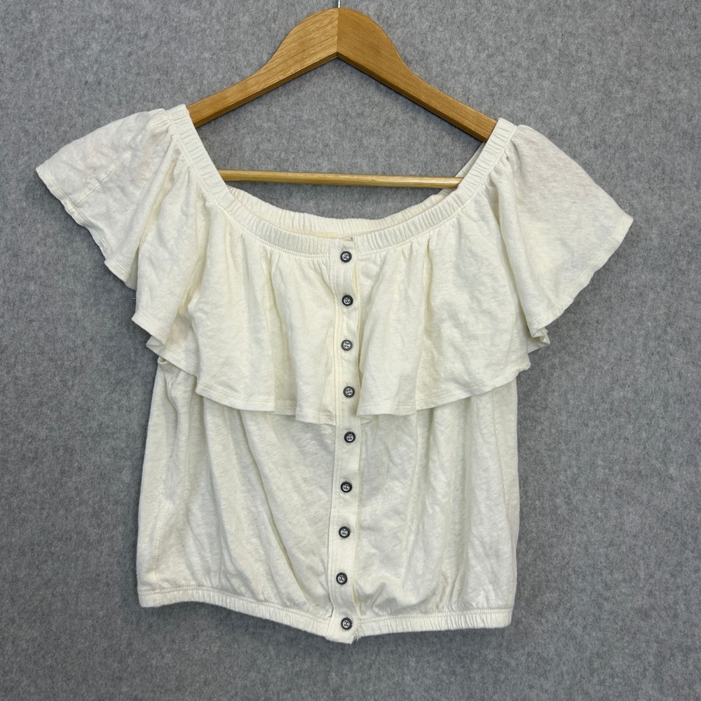 We The Free Crop Top Peasant Linen Cotton Ruffle Button Front Romantic Boho Sz S